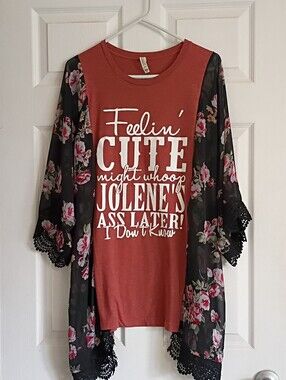 Rust Graphic Tee with Floral Kimono Overlay